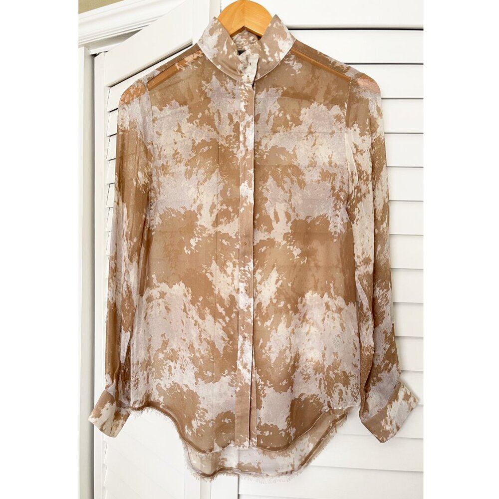 Antipodium Abstract Print 100% Silk Collared Shirt - US 2